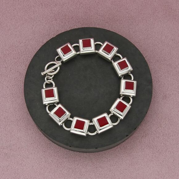 mexico sterling silver coral square link toggle bracelet size 7.5in